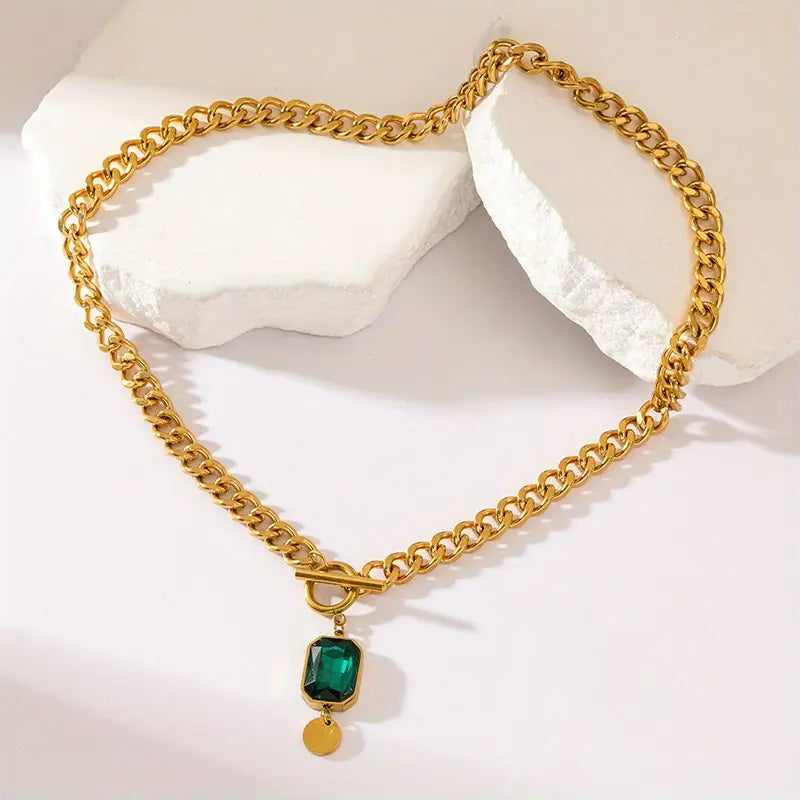 Chunkey Chain Emerald Pendant Necklace | Gold