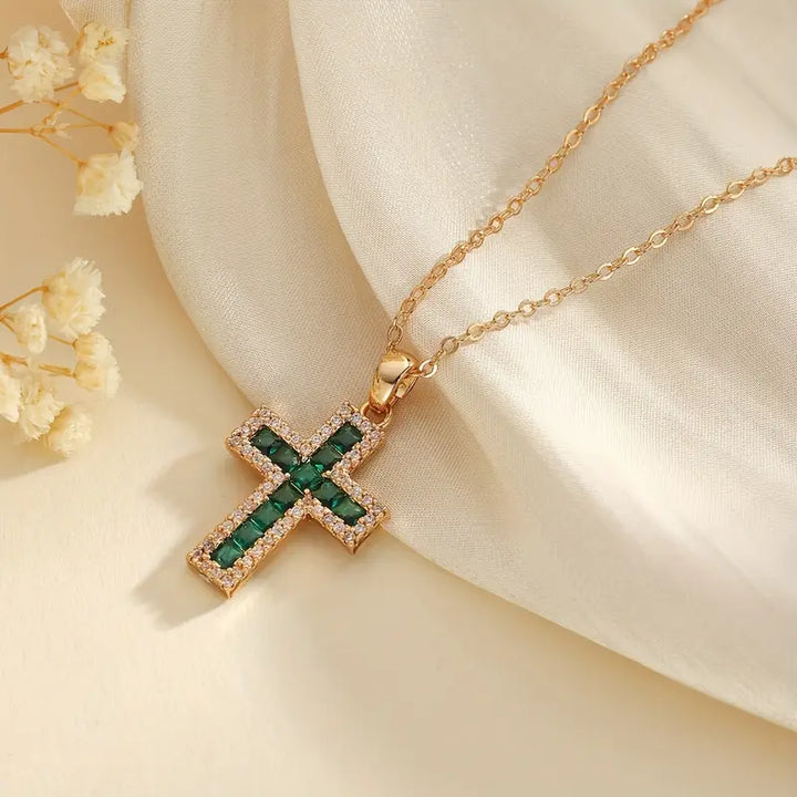 Soleen Emerald Cross Pendant Necklace | Gold