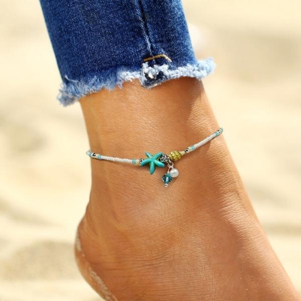 Natural Stone Anklet Bracelet with Star and Shell Design