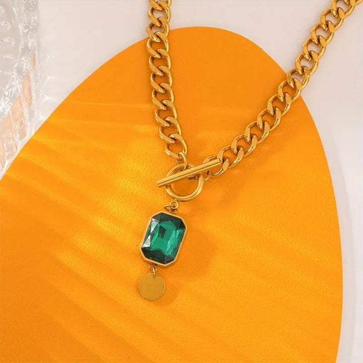 Chunkey Chain Emerald Pendant Necklace | Gold