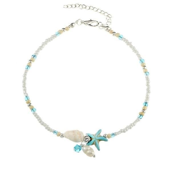 Natural Stone Anklet Bracelet with Star and Shell Design
