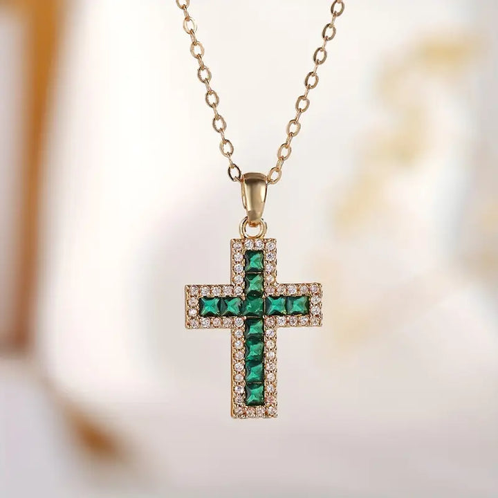 Soleen Emerald Cross Pendant Necklace | Gold
