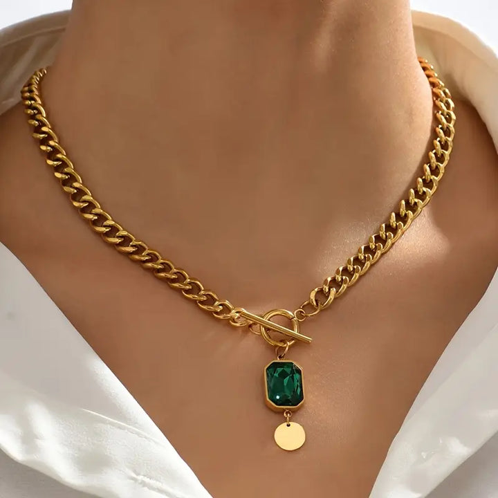Chunkey Chain Emerald Pendant Necklace | Gold