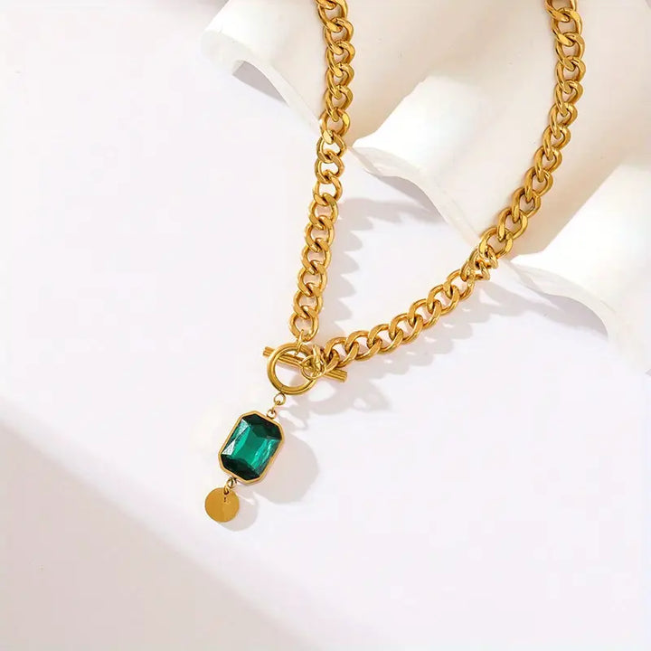 Chunkey Chain Emerald Pendant Necklace | Gold