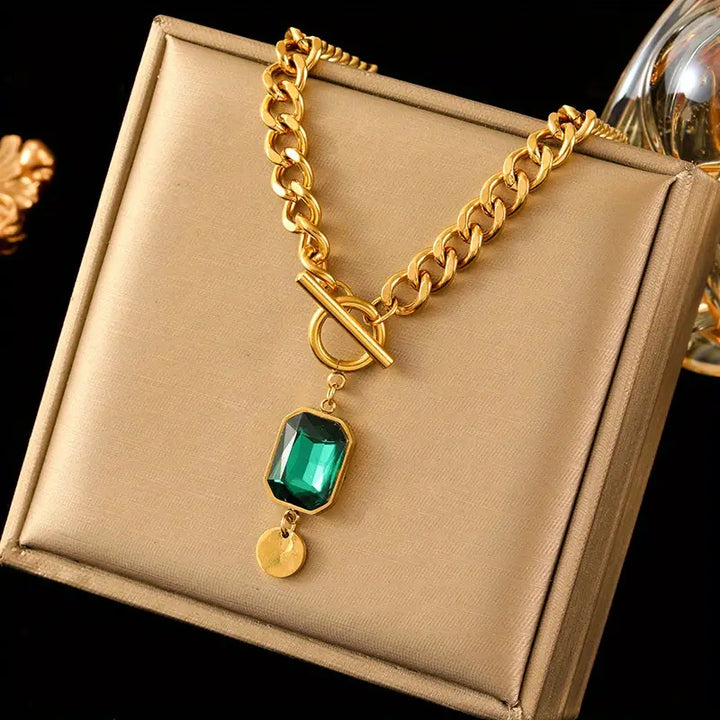 Chunkey Chain Emerald Pendant Necklace | Gold