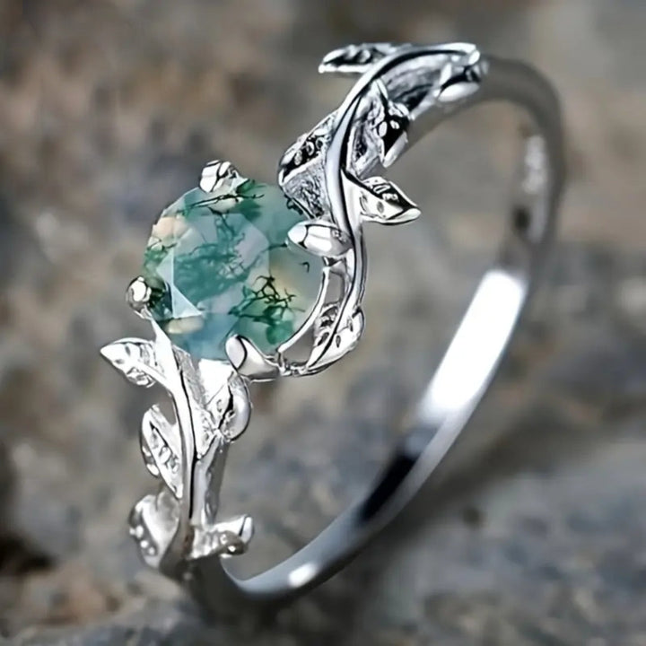 Silvered Vintage Ring with Green Stone