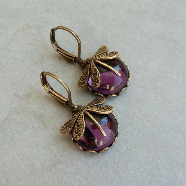 Antique Gold Dragonfly Earrings with a Spherical Design
