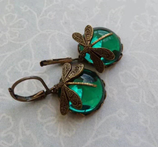 Antique Gold Dragonfly Earrings with a Spherical Design