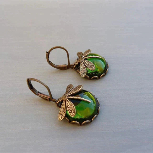 Antique Gold Dragonfly Earrings with a Spherical Design
