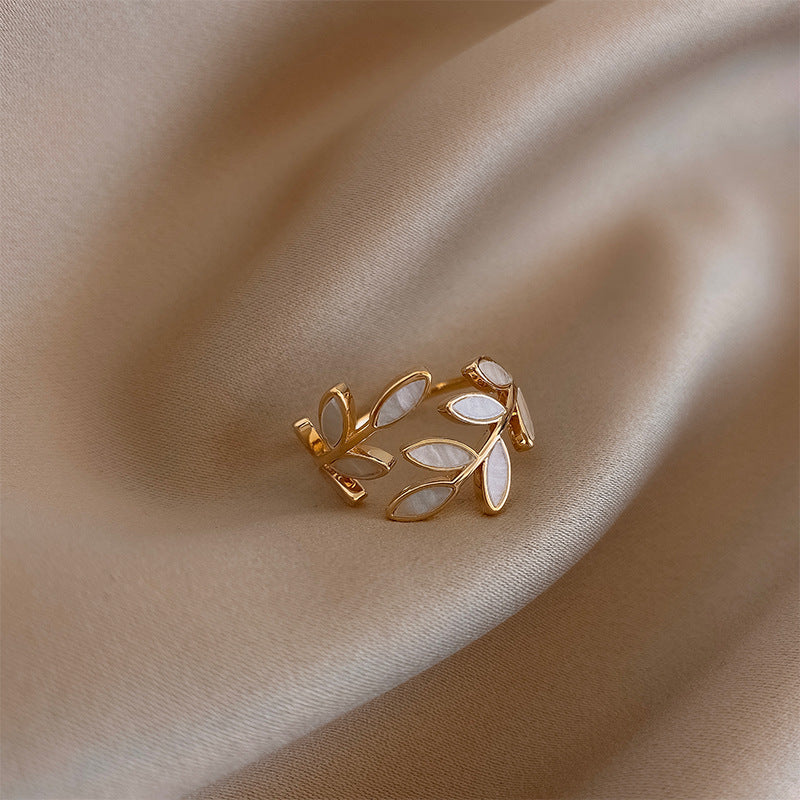 Adjustible Gold Ring with Leaf and White Opal