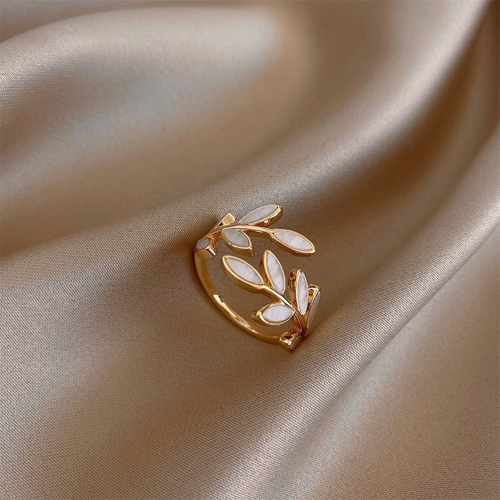 Adjustible Gold Ring with Leaf and White Opal