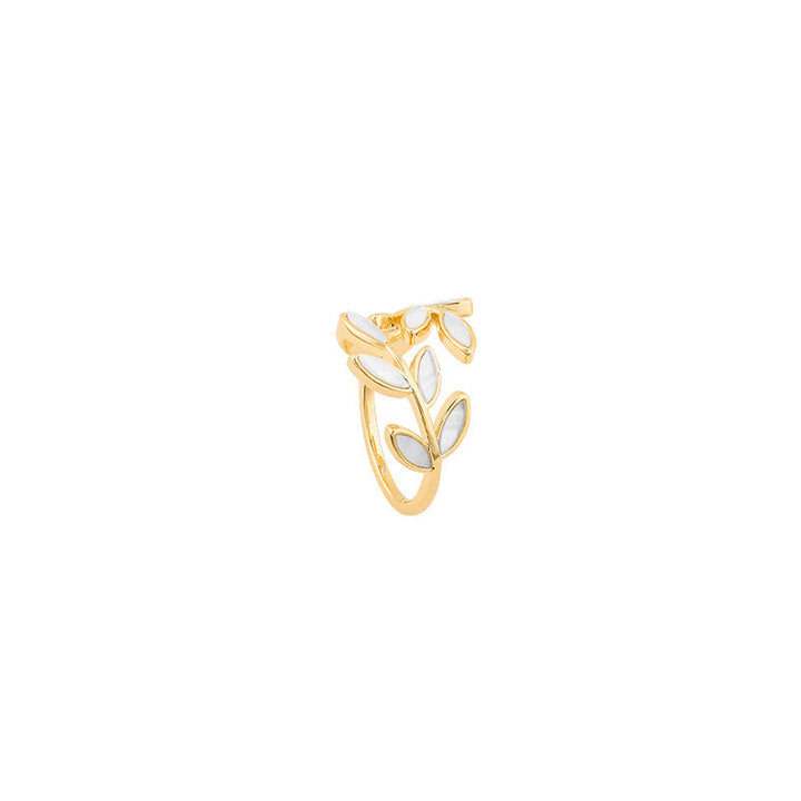 Adjustible Gold Ring with Leaf and White Opal