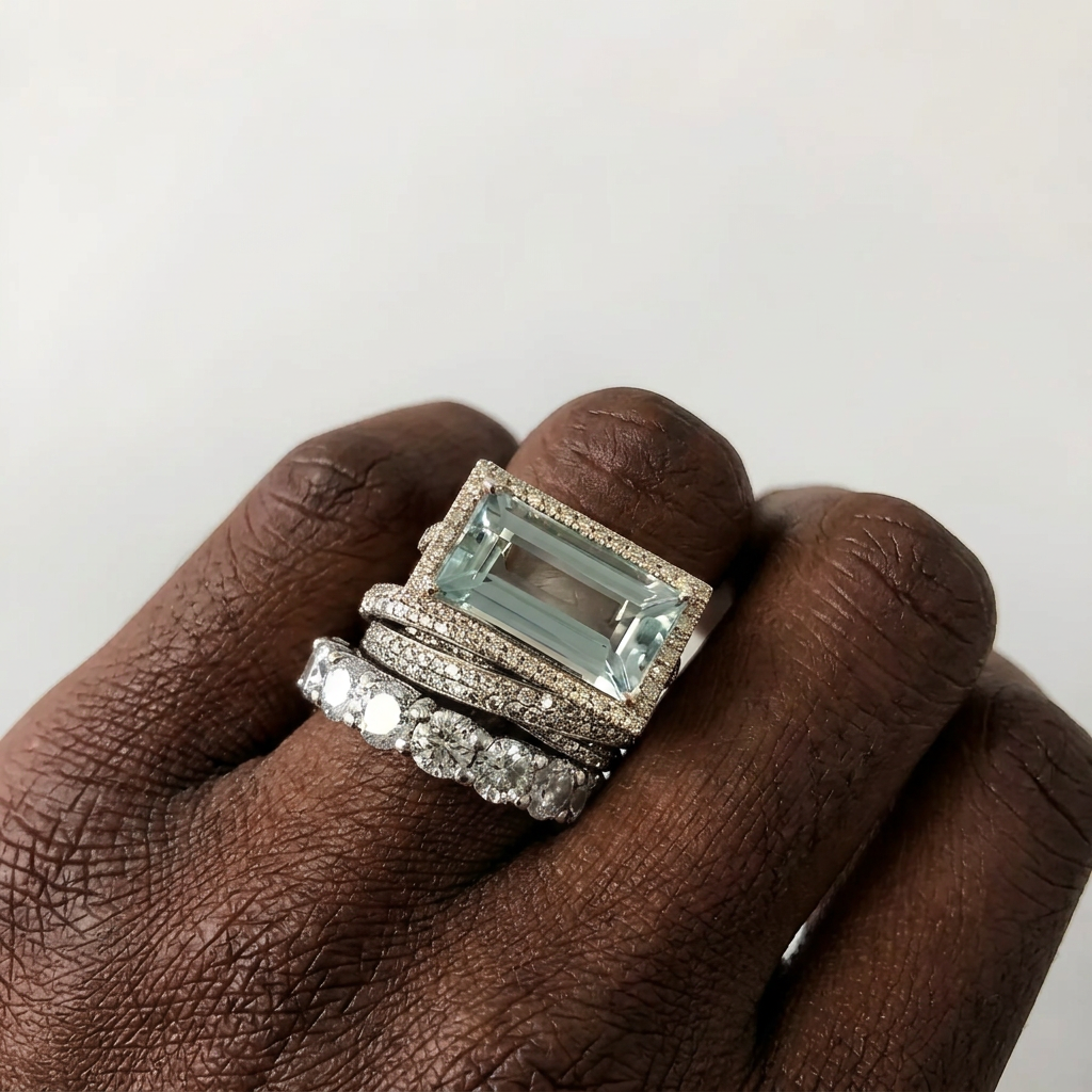 Vintage silver turquoise glass ring set