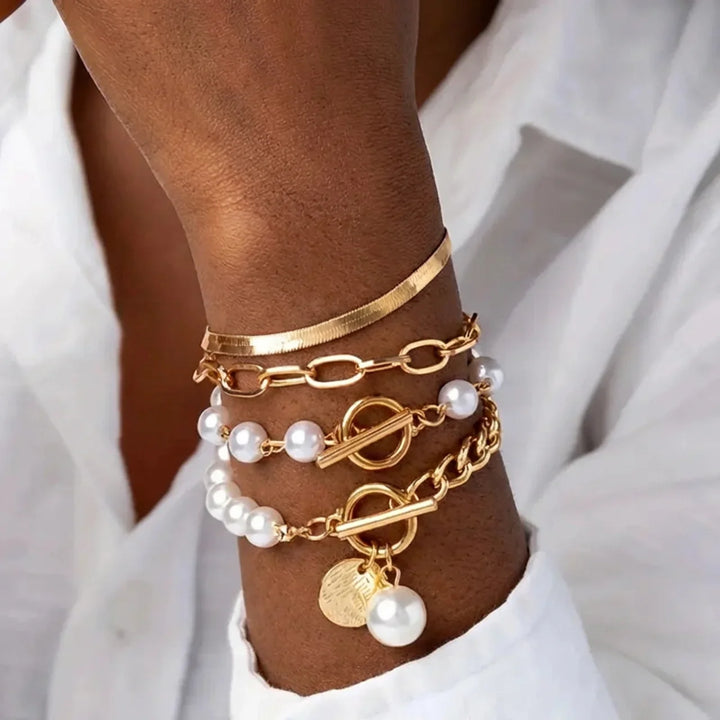 Chic Gold 4-Piece Bracelet Set – Snake, Pearls & Links | Gold