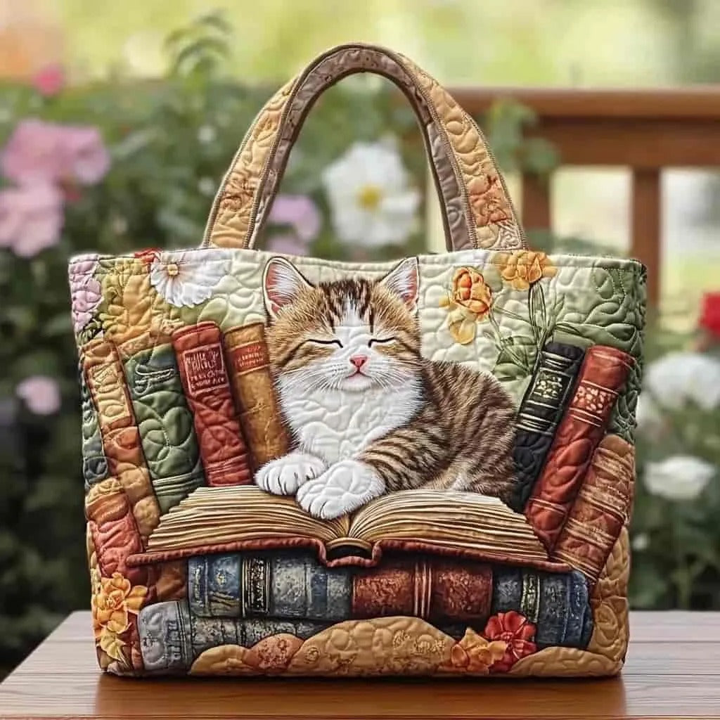 HANDMADE BAG - SLEEPING CAT WITH BOOKS