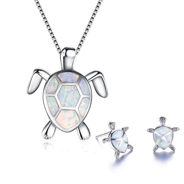 Opal and Silver Sea Turtle Necklace with Matching Earrings Set