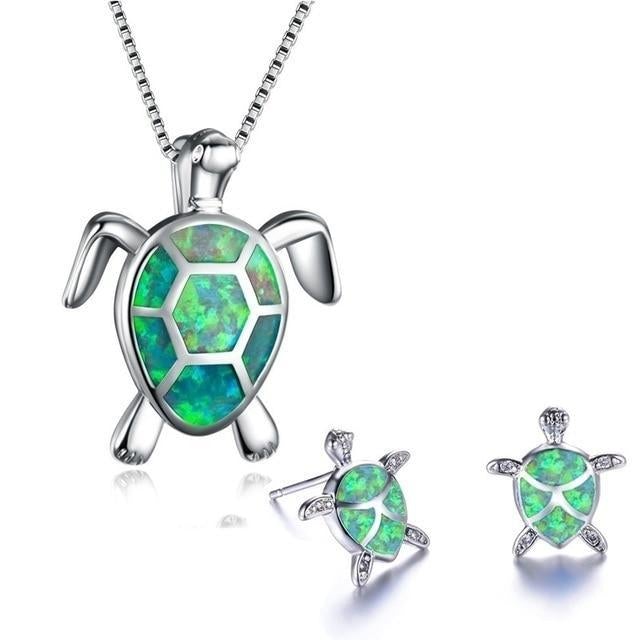 Opal and Silver Sea Turtle Necklace with Matching Earrings Set