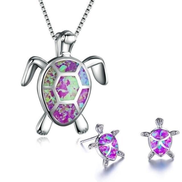 Opal and Silver Sea Turtle Necklace with Matching Earrings Set