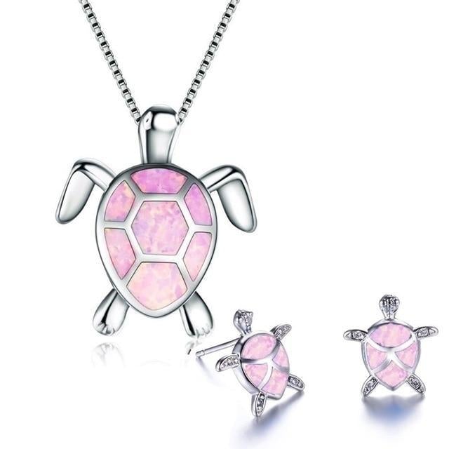 Opal and Silver Sea Turtle Necklace with Matching Earrings Set