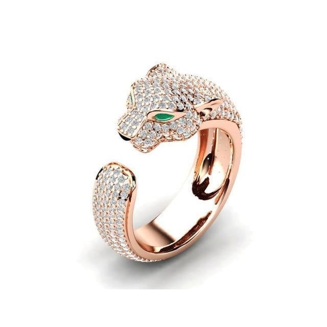 Adjustable Jagar Ring in 18K Silver and Rose Gold with Green Zirconia Eyes